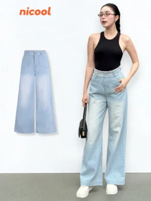 Quần Jean Nữ Suông Ống Loe Rộng NICOOL N41-Q53 - Xanh Nhạt Wash