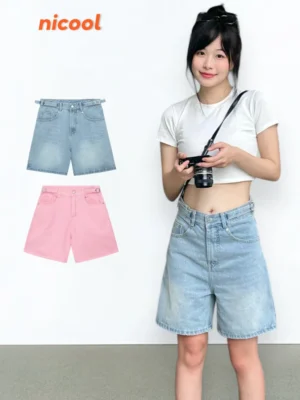 Quần Short Nữ Jean NICOOL Phối Khuyên Dây Lưng Quần Đùi Ngố Kaki Jean Dài Ngang Gối Năng Động N41-D8