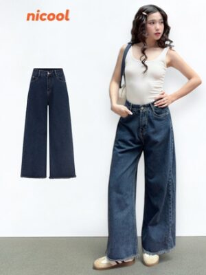Quần Jean Nữ Ống Suông Rộng NICOOL Lai Phối Tua Rua Quần Bò Trơn Lưng Cao Tôn Dáng Nữ Tính N41-Q66