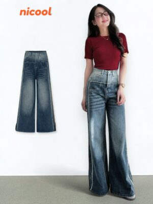Quần Jean Nữ Ống Suông Rộng NICOOL Lưng Cao Tôn Dáng Quần Bò Nữ Denim Nhấn Tua Rua Wash N41-Q62