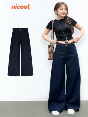 Quần Jean Nữ Ống Suông Rộng NICOOL Phối Dây Khuyên Quần Bò Nữ Xanh Navy Cạp Cao Thời Trang N41-Q67